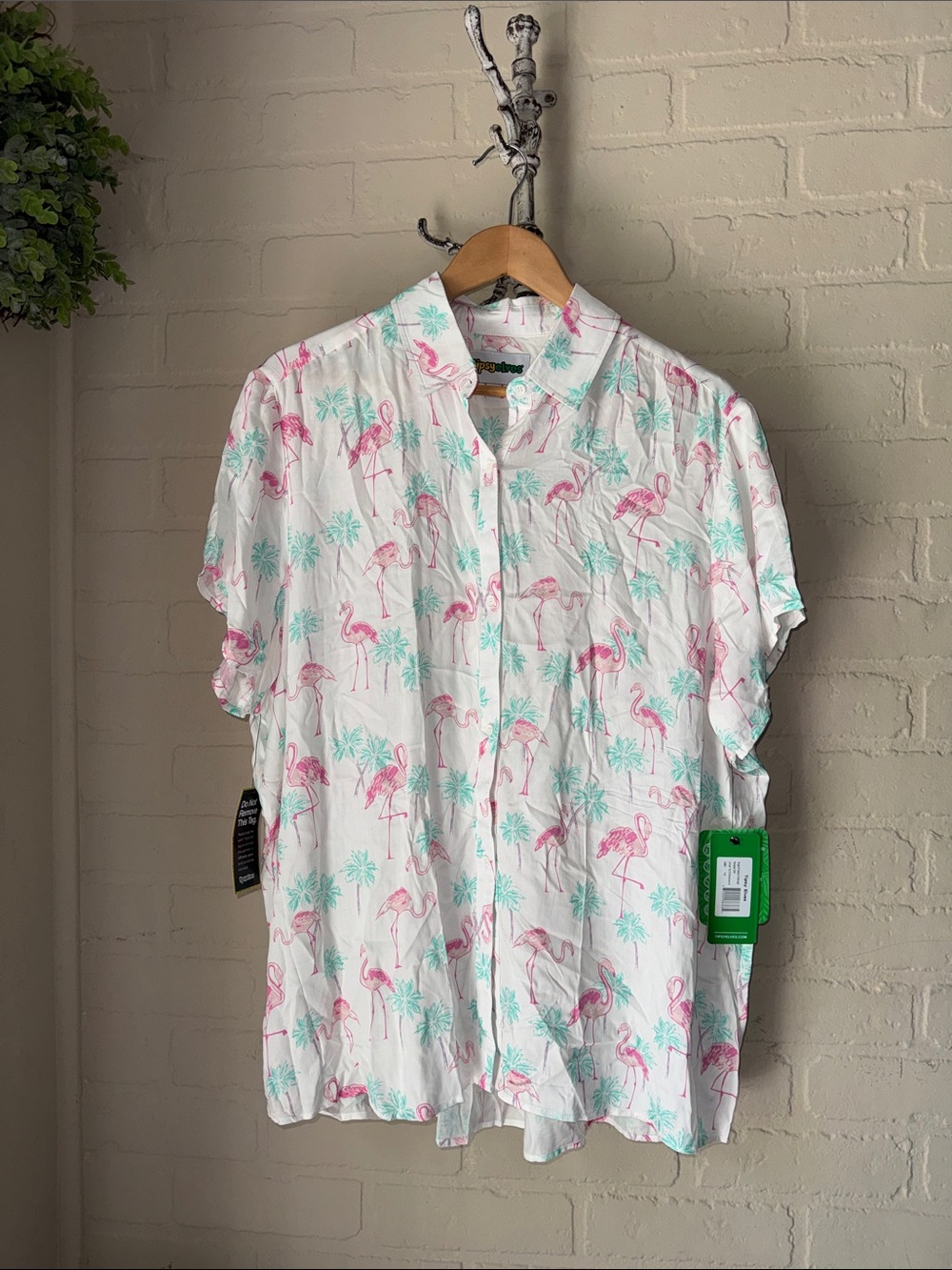 Tipsy Elves White Shirt with Pink Flamingo and Mint Palm Accents NEW 1x